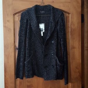 NWT black button up sweater w/ hood, Size M